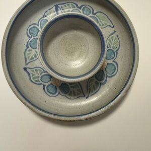 Vintage Hand Thrown Pottery, Art Chips And Dip Stoneware Platter Floral Signed